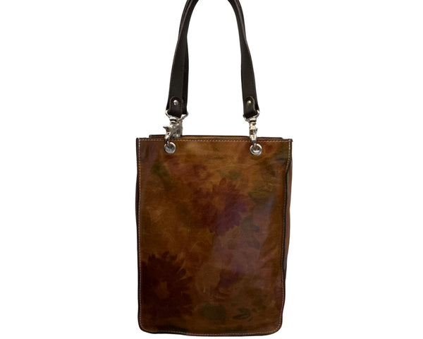I Skin Women’s Brown Floral Leather With Wristlet & Black Handles Tote Bag Sz M