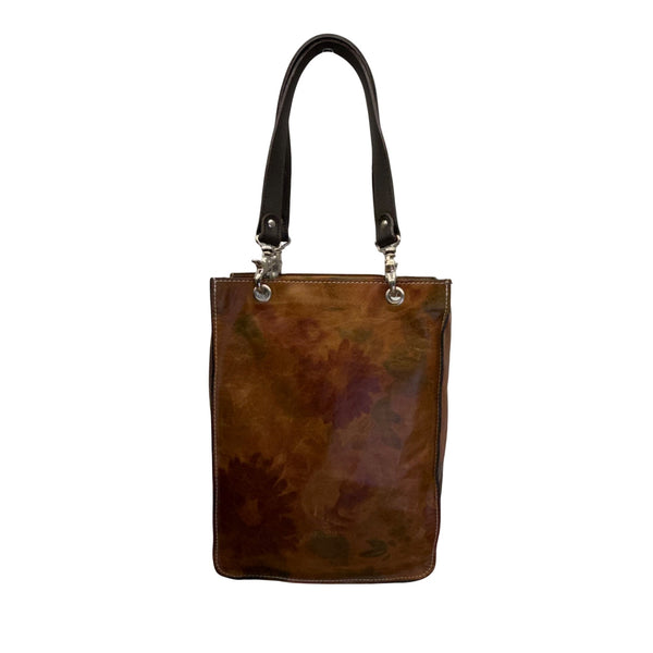 I Skin Women’s Brown Floral Leather With Wristlet & Black Handles Tote Bag Sz M