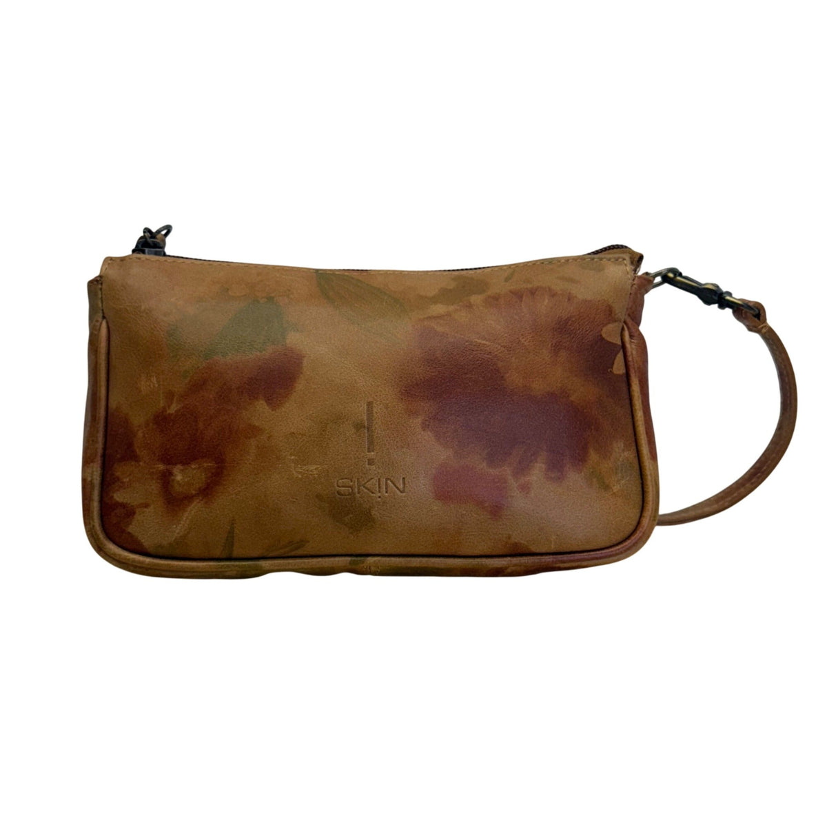 I Skin Women’s Brown Floral Leather With Wristlet & Black Handles Tote Bag Sz M
