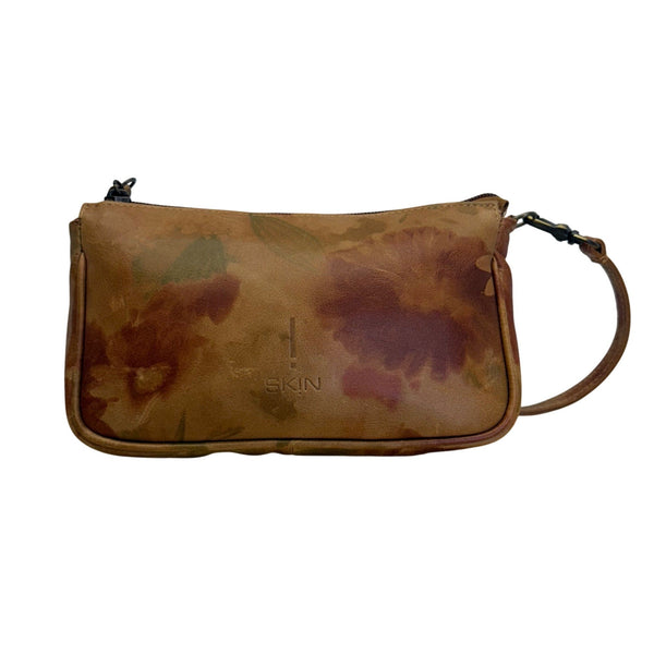 I Skin Women’s Brown Floral Leather With Wristlet & Black Handles Tote Bag Sz M