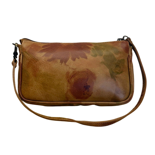 I Skin Women’s Brown Floral Leather With Wristlet & Black Handles Tote Bag Sz M