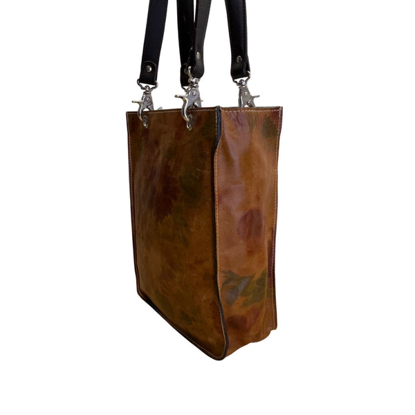I Skin Women’s Brown Floral Leather With Wristlet & Black Handles Tote Bag Sz M