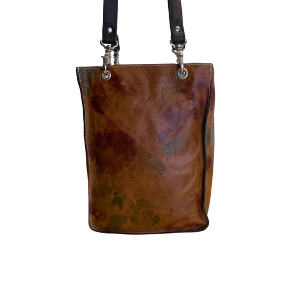 I Skin Women’s Brown Floral Leather With Wristlet & Black Handles Tote Bag Sz M