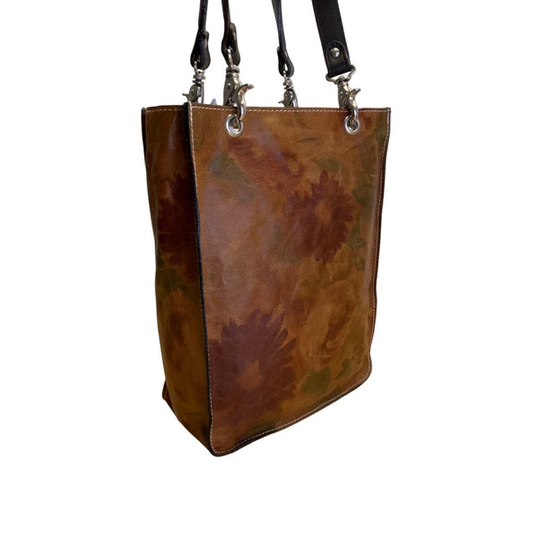 I Skin Women’s Brown Floral Leather With Wristlet & Black Handles Tote Bag Sz M