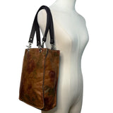 I Skin Women’s Brown Floral Leather With Wristlet & Black Handles Tote Bag Sz M