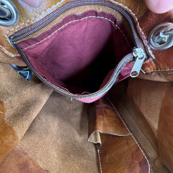 I Skin Women’s Brown Floral Leather With Wristlet & Black Handles Tote Bag Sz M