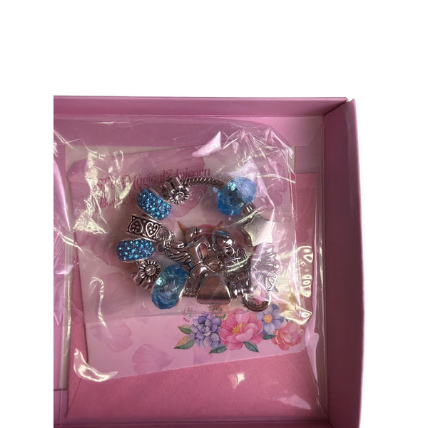 The Magical Unicorn Silver Bracelet Girls Blue Sparkle Charms Beads Gift 5.5 Inch
