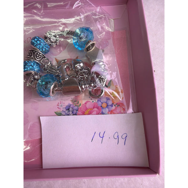 The Magical Unicorn Silver Bracelet Girls Blue Sparkle Charms Beads Gift 5.5 Inch