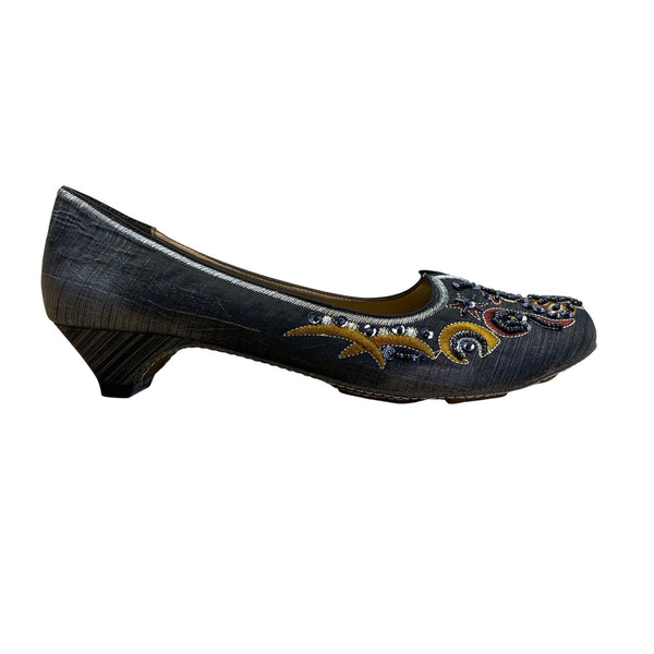 Rebels Women’s Grey Beaded Embroidered Katmandu Kitten Heel Shoes Size 7.5