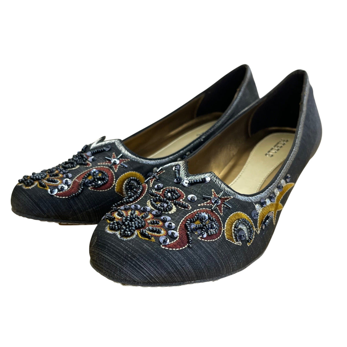 Rebels Women’s Grey Beaded Embroidered Katmandu Kitten Heel Shoes Size 7.5