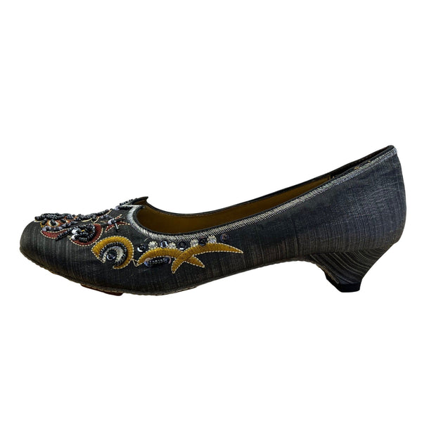 Rebels Women’s Grey Beaded Embroidered Katmandu Kitten Heel Shoes Size 7.5