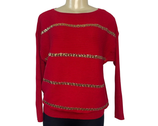 JM Collection Women's Red Ribbed Sweater With Gold Sequin Stripes Sz PM - New