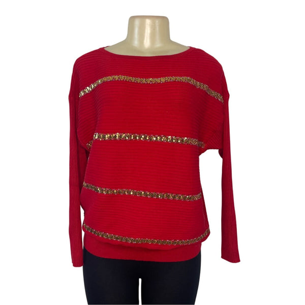 JM Collection Women's Red Ribbed Sweater With Gold Sequin Stripes Sz PM - New