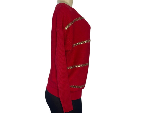 JM Collection Women's Red Ribbed Sweater With Gold Sequin Stripes Sz PM - New