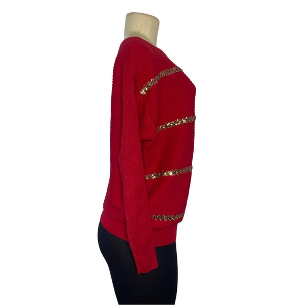 JM Collection Women's Red Ribbed Sweater With Gold Sequin Stripes Sz PM - New