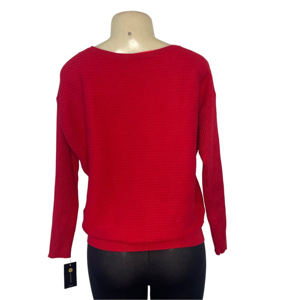 JM Collection Women's Red Ribbed Sweater With Gold Sequin Stripes Sz PM - New