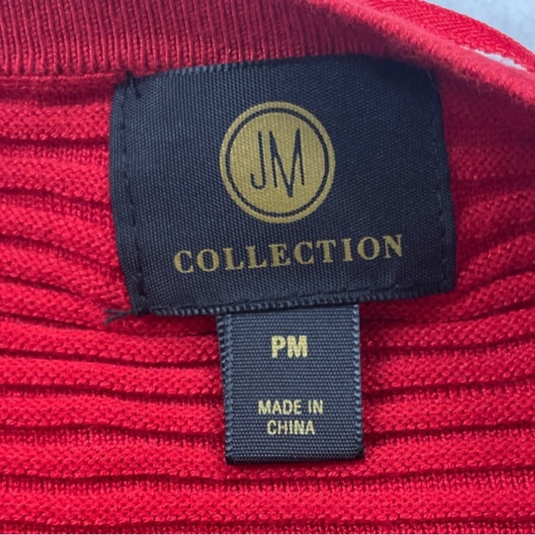 JM Collection Women's Red Ribbed Sweater With Gold Sequin Stripes Sz PM - New