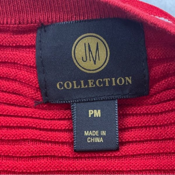 JM Collection Women's Red Ribbed Sweater With Gold Sequin Stripes Sz PM - New