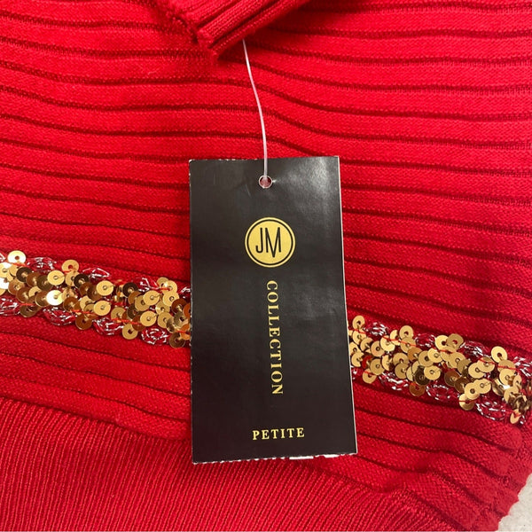JM Collection Women's Red Ribbed Sweater With Gold Sequin Stripes Sz PM - New