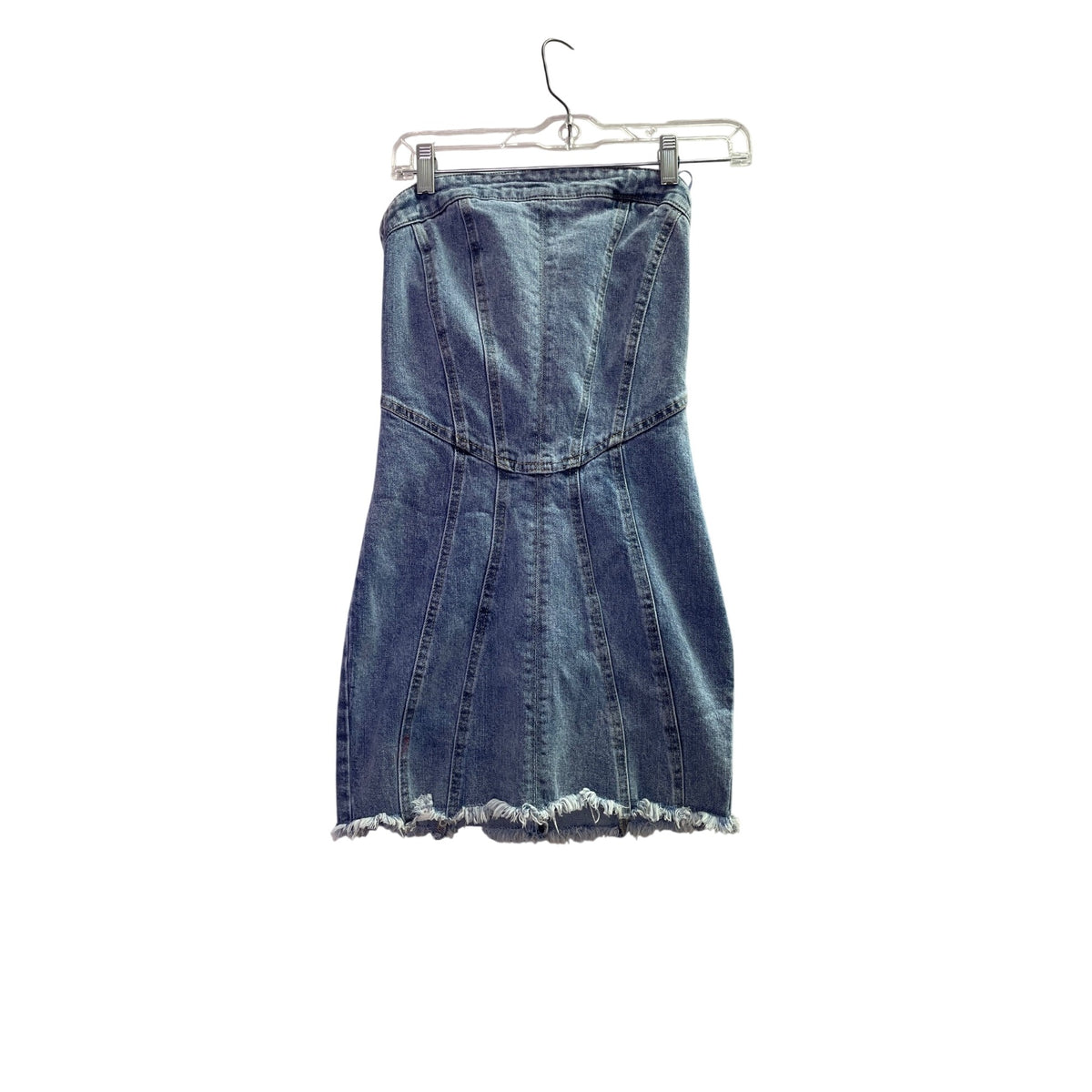 Signature Womens Blue Denim Strapless Distressed Mini Dress With Zipper Back Size S