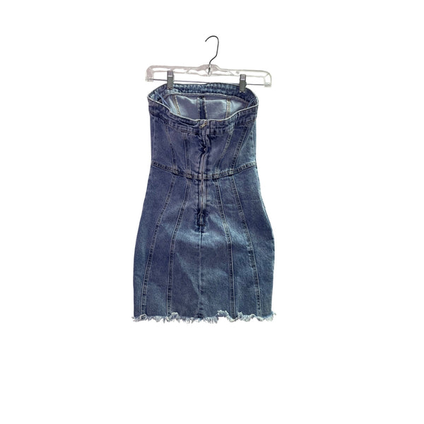 Signature Womens Blue Denim Strapless Distressed Mini Dress With Zipper Back Size S