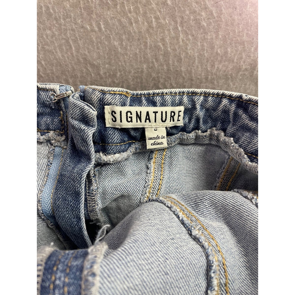 Signature Womens Blue Denim Strapless Distressed Mini Dress With Zipper Back Size S