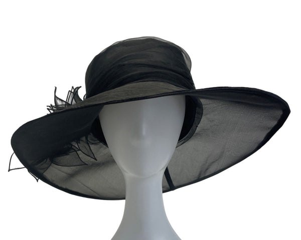 Wide Brim Women's Black Floral Fascinator Lace Felt Derby Hat