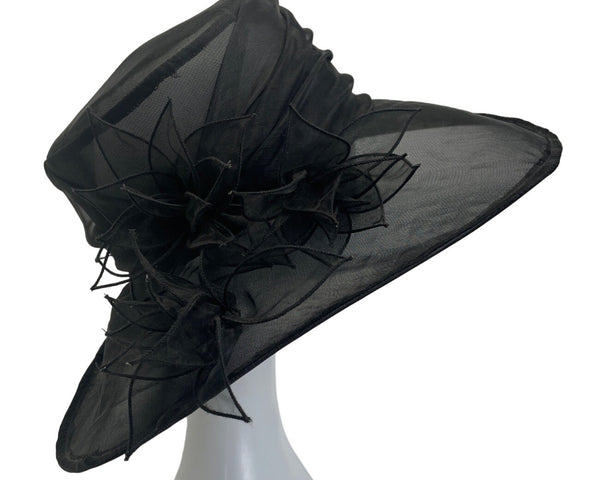 Wide Brim Women's Black Floral Fascinator Lace Felt Derby Hat