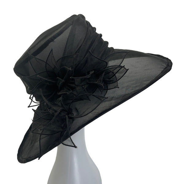 Wide Brim Women's Black Floral Fascinator Lace Felt Derby Hat