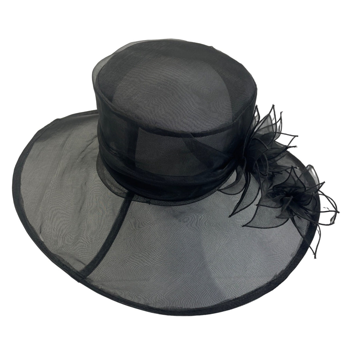 Wide Brim Women's Black Floral Fascinator Lace Felt Derby Hat