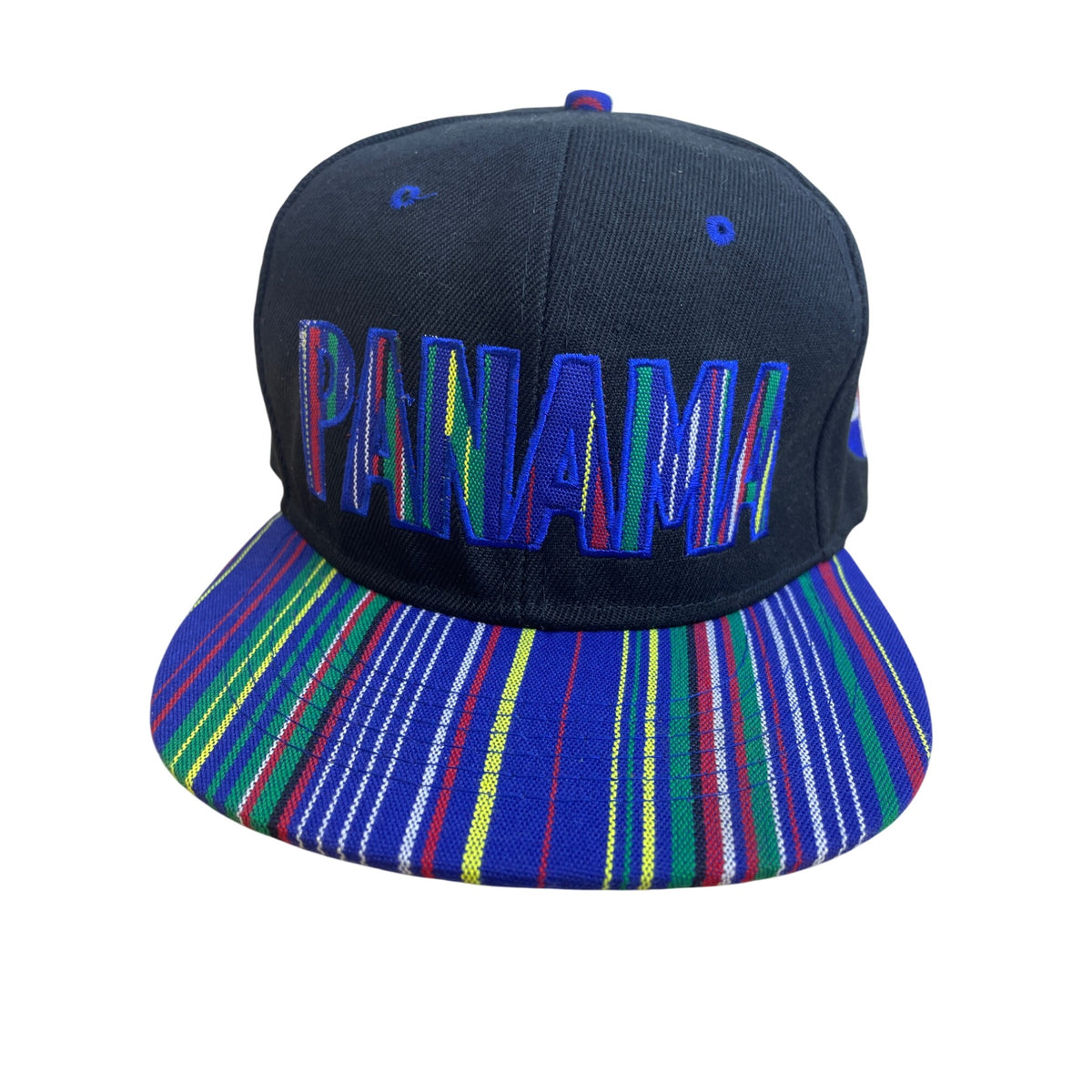 Panama Unisex Black Multicolor Embroidered Snapback Hat Adjustable Striped Brim Cap