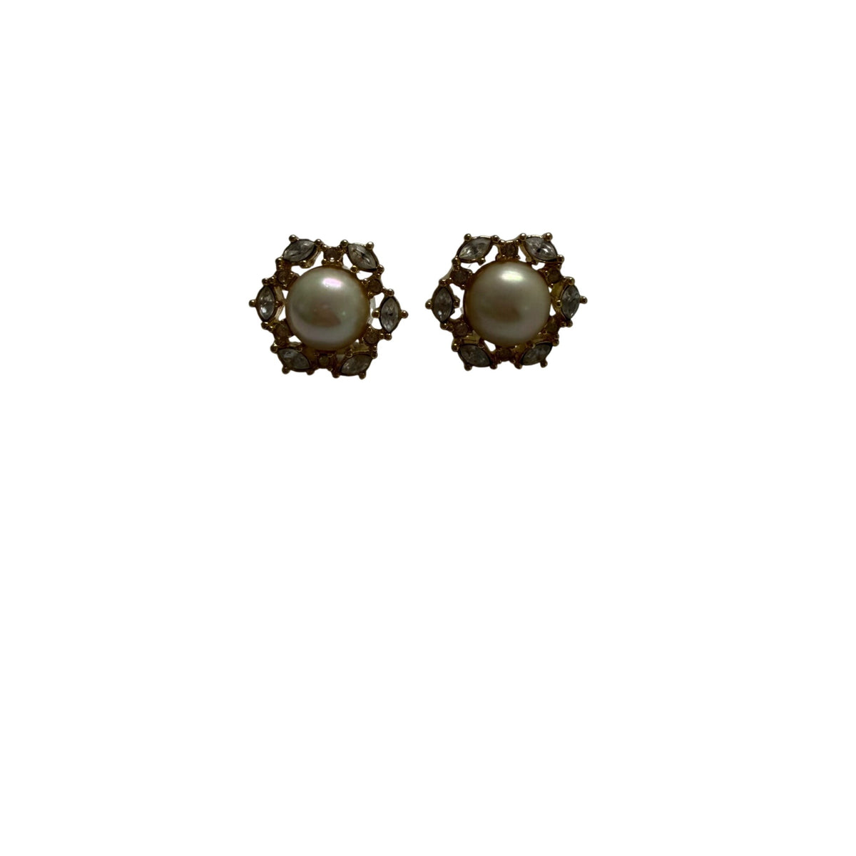 Vintage Womens Gold White Faux Pearl & Rhinestone Clip-On Earrings Elegant Design