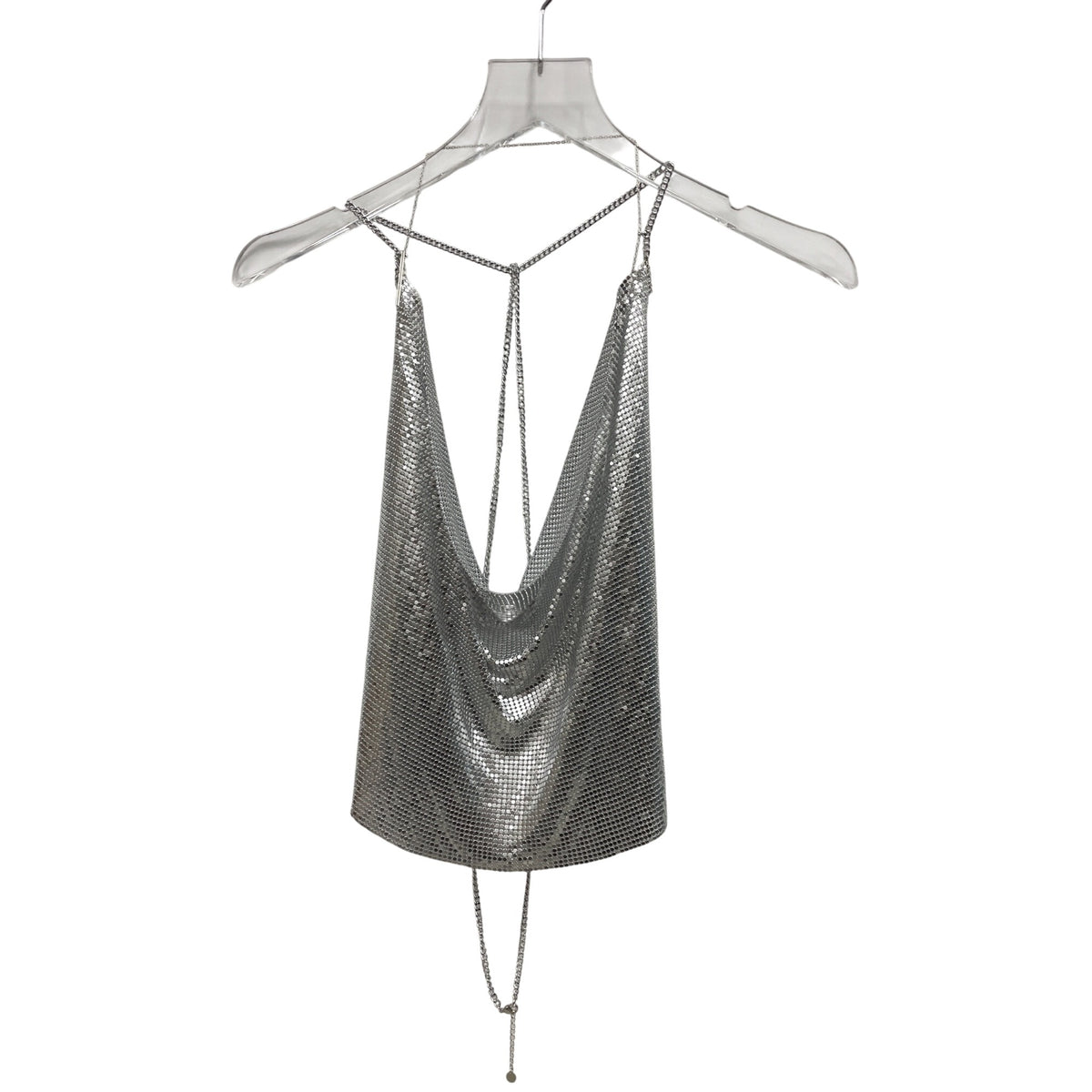 Silver Womens Metallic Chain Halter Top Stylish Backless Clubwear Adjustable Straps