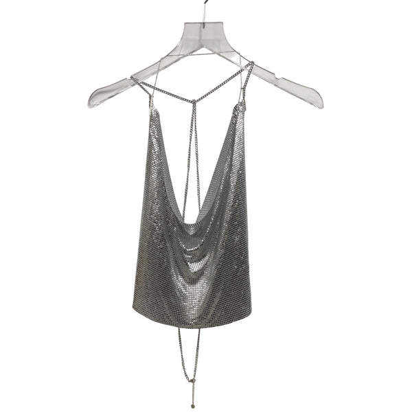Silver Womens Metallic Chain Halter Top Stylish Backless Clubwear Adjustable Straps