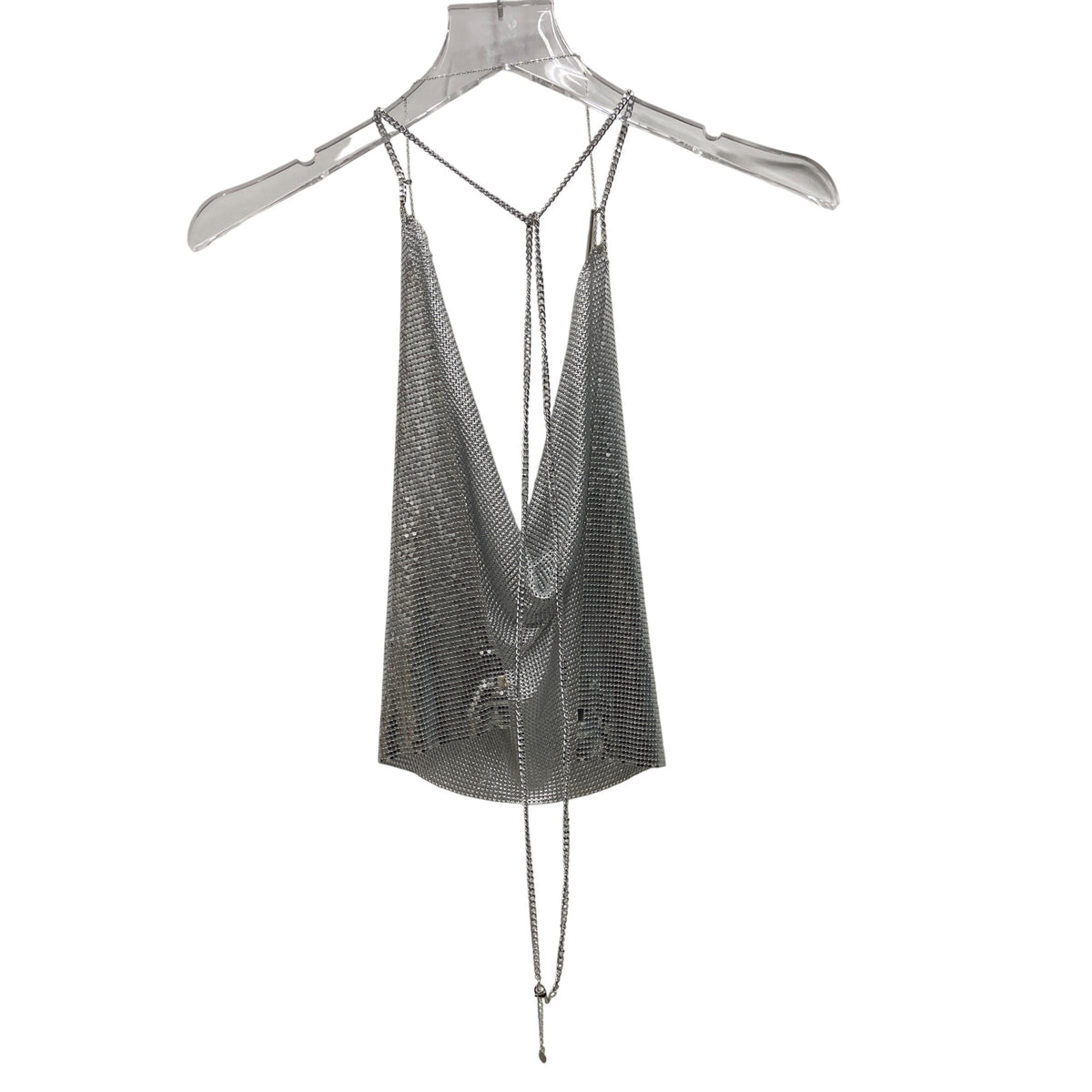Silver Womens Metallic Chain Halter Top Stylish Backless Clubwear Adjustable Straps