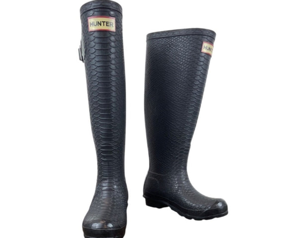 Hunter Carnaby Boa Tall Rain Boots Black Boa Skin Textured Rubber Siz 5M/6F