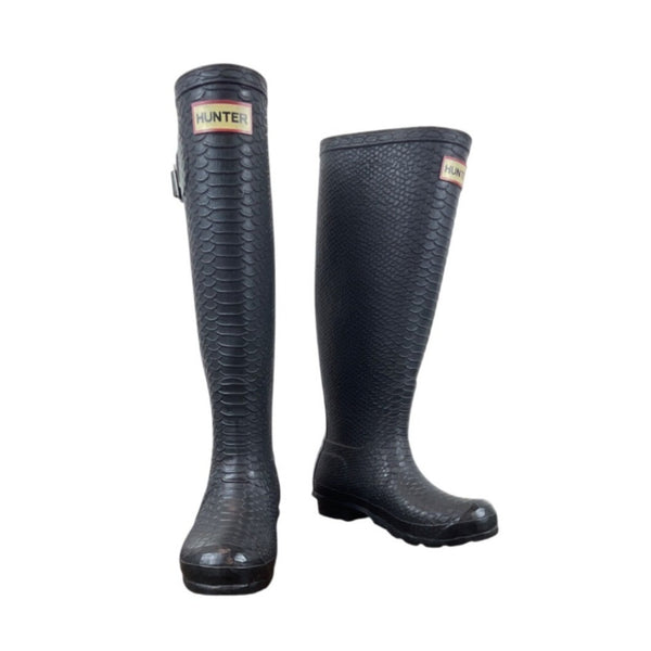 Hunter Carnaby Boa Tall Rain Boots Black Boa Skin Textured Rubber Siz 5M/6F