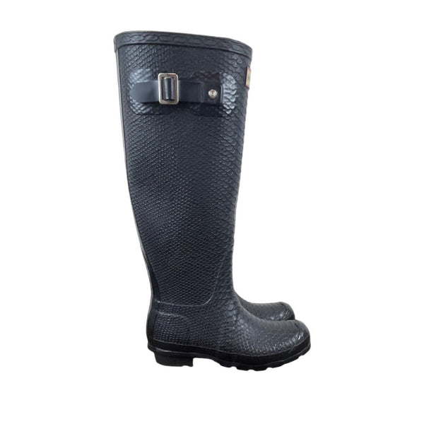 Hunter Carnaby Boa Tall Rain Boots Black Boa Skin Textured Rubber Siz 5M/6F