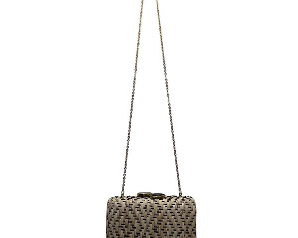 Kayu Women’s Beige & Black Woven With Retractable Gold Chain Strap Clutch Size S