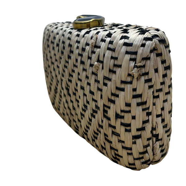 Kayu Women’s Beige & Black Woven With Retractable Gold Chain Strap Clutch Size S