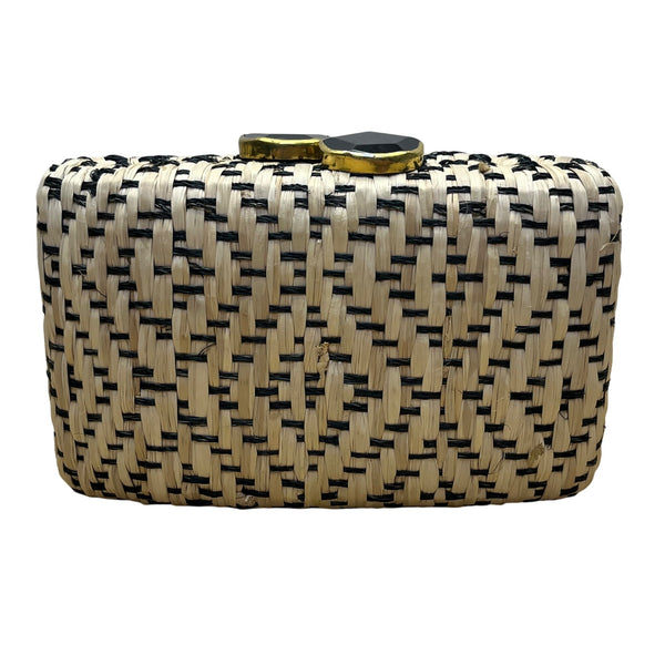 Kayu Women’s Beige & Black Woven With Retractable Gold Chain Strap Clutch Size S