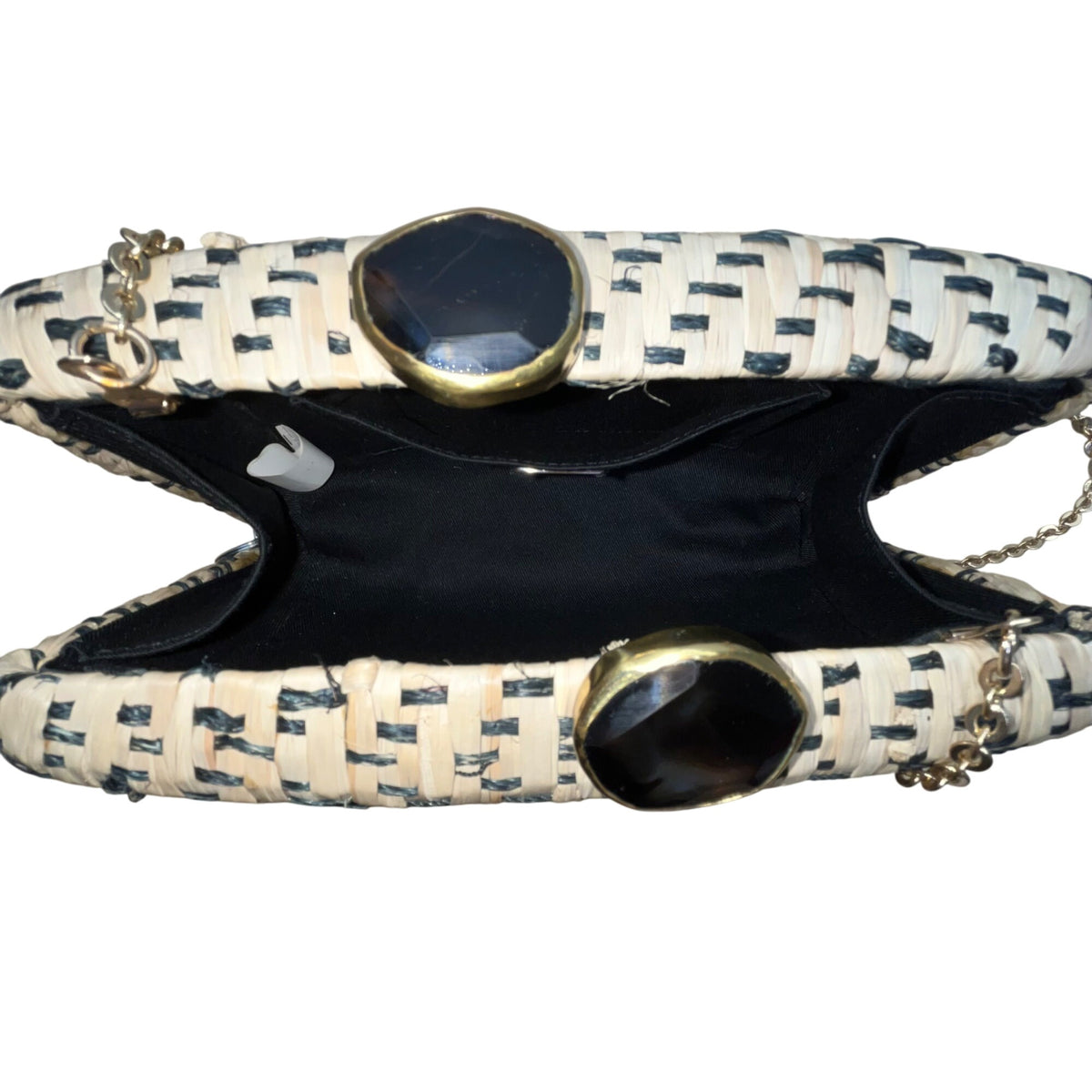 Kayu Women’s Beige & Black Woven With Retractable Gold Chain Strap Clutch Size S