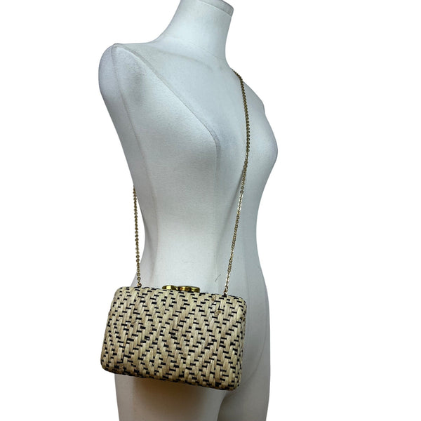 Kayu Women’s Beige & Black Woven With Retractable Gold Chain Strap Clutch Size S