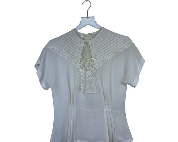 Glances Womens Ivory Sheer Embroidered Button-Back Blouse Size 10
