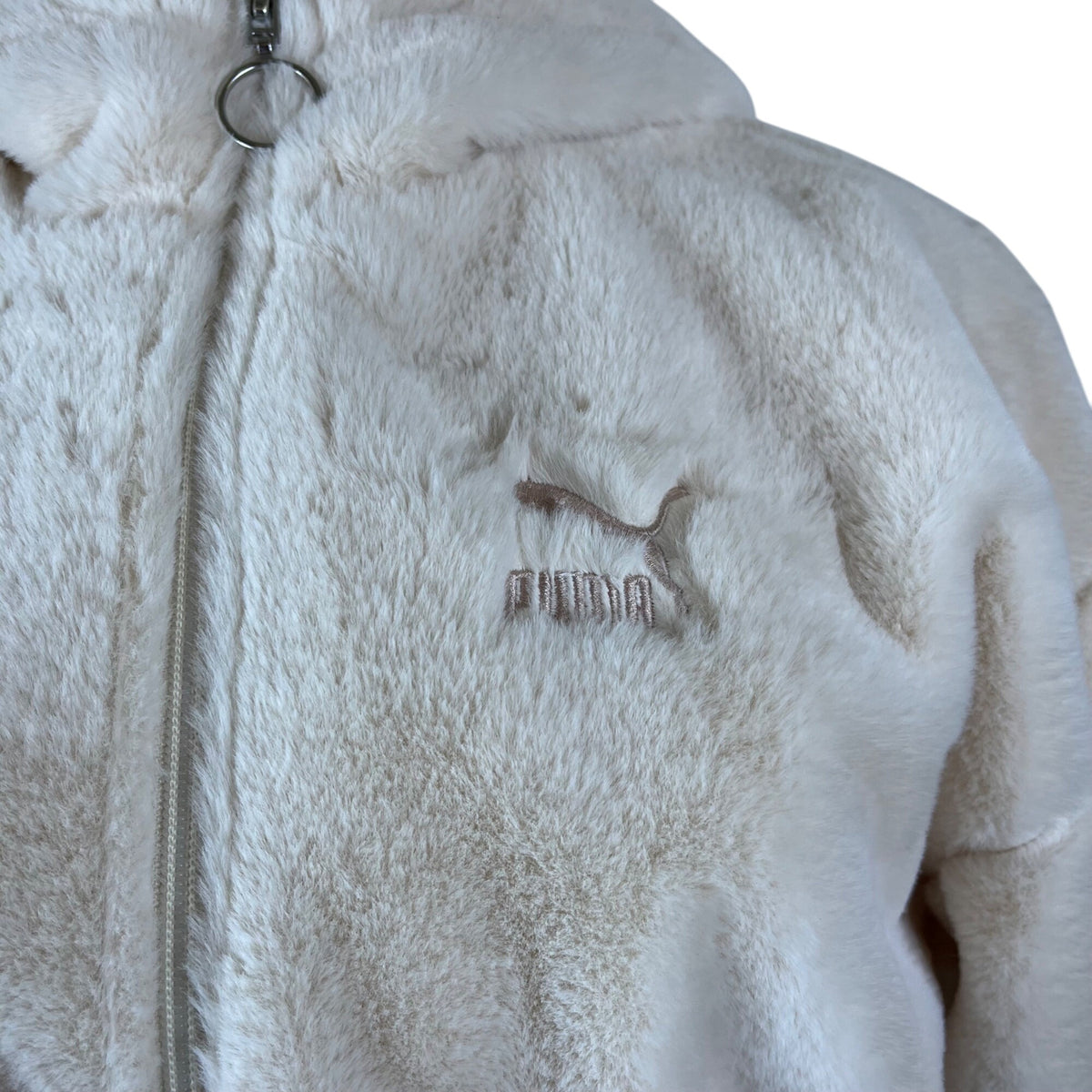 Puma Womens Ivory Fleece Zip-Up Hoodie With Hood  Cozy Ribbed Hem Sz XS