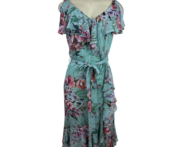 Eliza J Floral Ruffle Midi Dress With Belt & V-Neckline Size 4