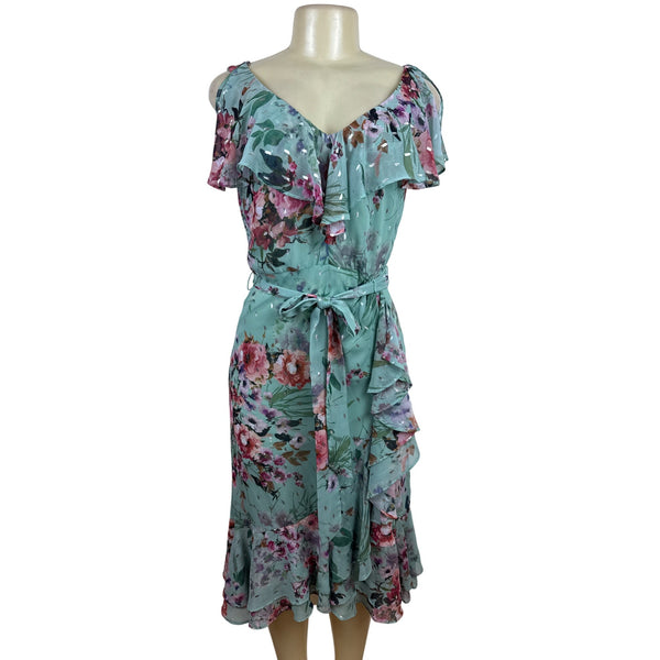 Eliza J Floral Ruffle Midi Dress With Belt & V-Neckline Size 4