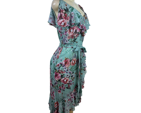 Eliza J Floral Ruffle Midi Dress With Belt & V-Neckline Size 4