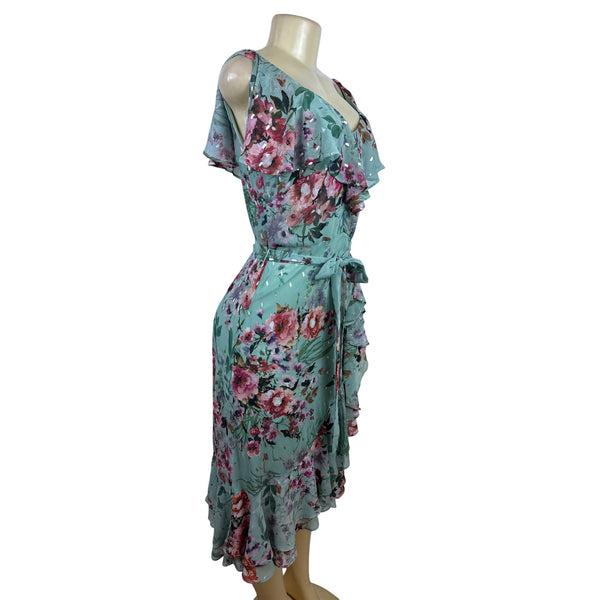 Eliza J Floral Ruffle Midi Dress With Belt & V-Neckline Size 4