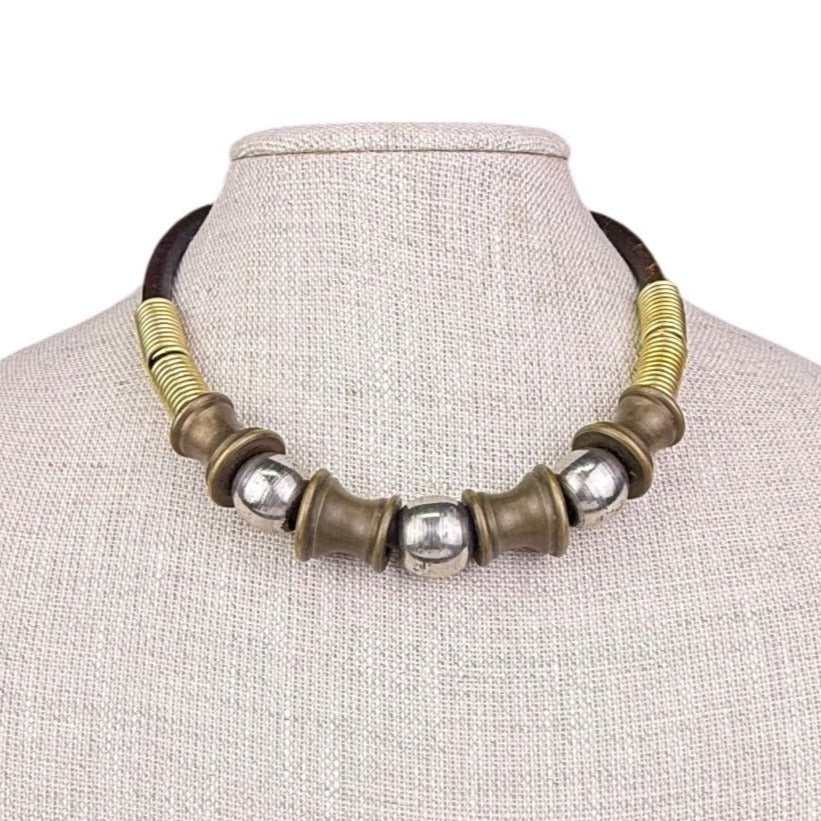 Vintage MCM Brown Leather & Metal Beaded Statement Necklace Unique Design